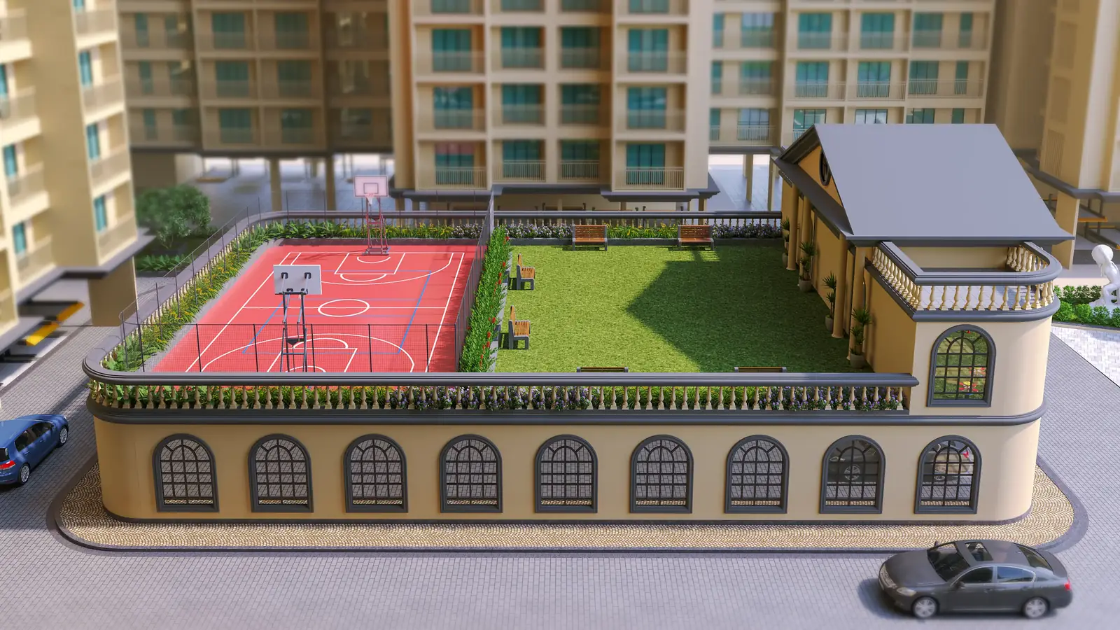 Exclusive Crown Collection clubhouse with podium garden and sports court