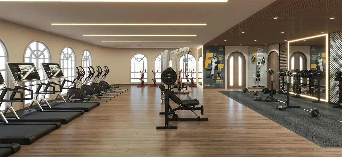 Fitness centre with treadmills, cycles and free weights