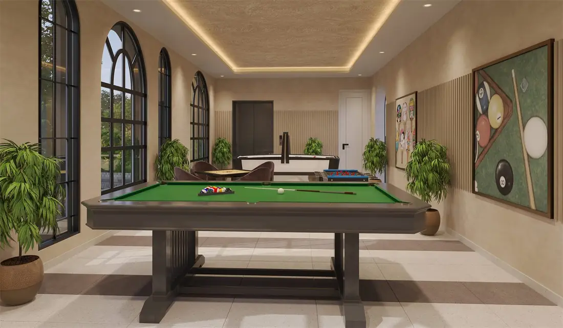 Indoor games lounge with pool table, foosball and air hockey
