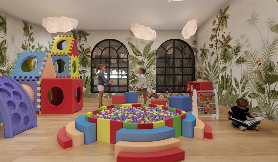 Indoor kids play room with ball pool and soft play blocks