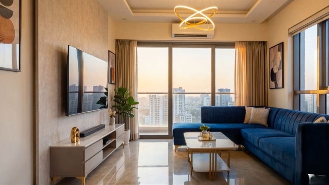 Mayfair Virar Gardens sample flat living room with a city view