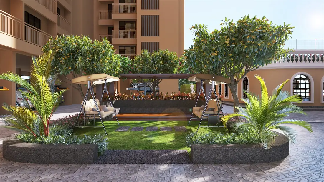 Podium swing lawn with garden swings and stepping stones